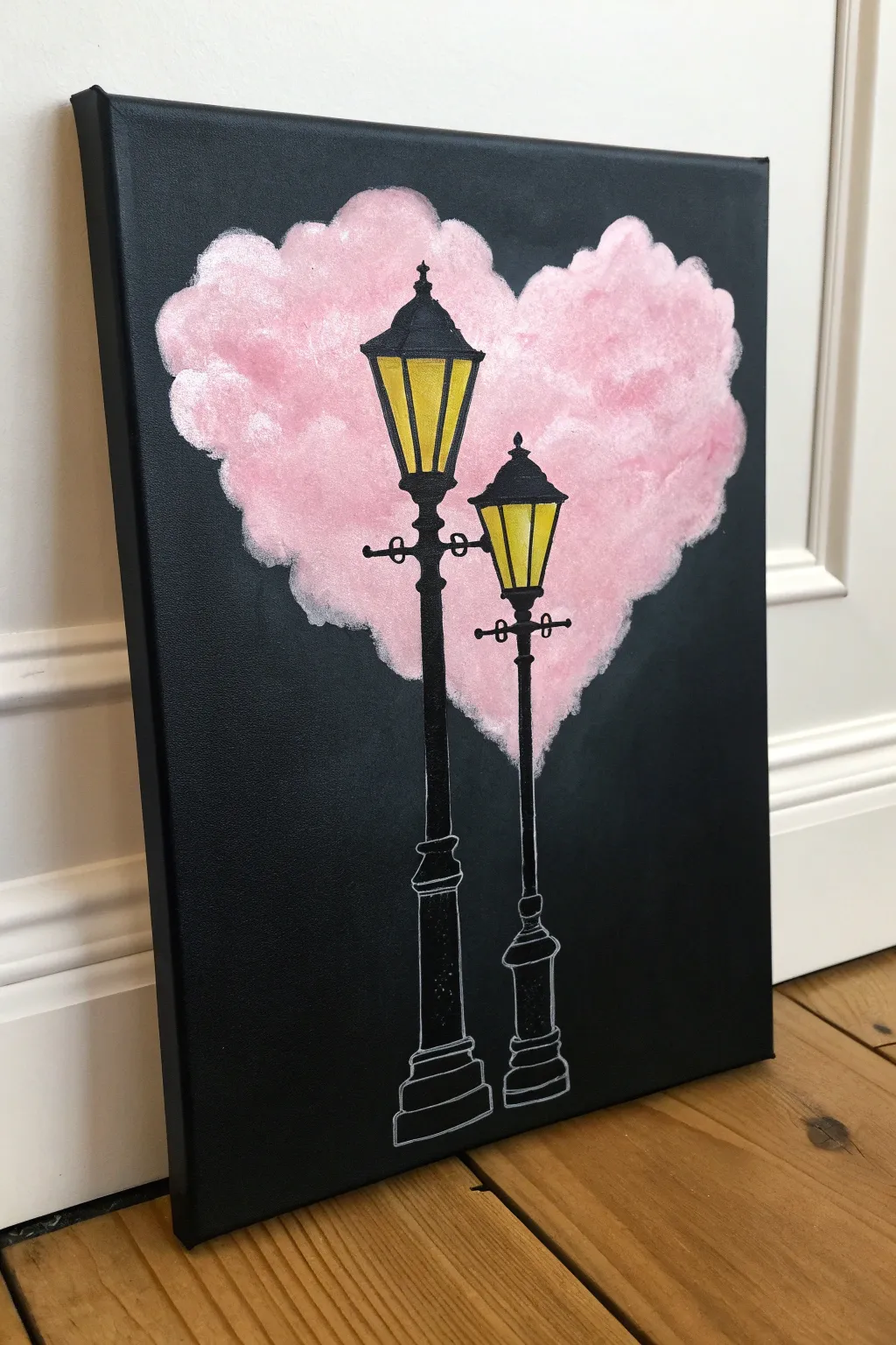 Create a romantic mood with this whimsical streetlight and pink heart painting idea.