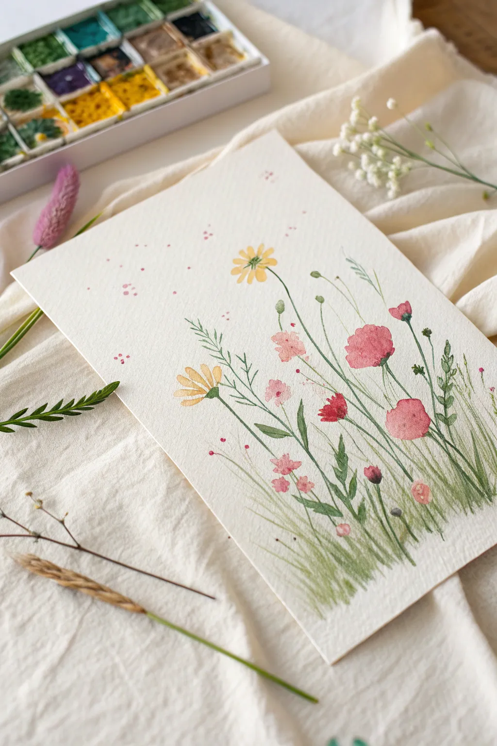Loose wildflower field painting with bright dots and quick stems, joyful and minimalist.