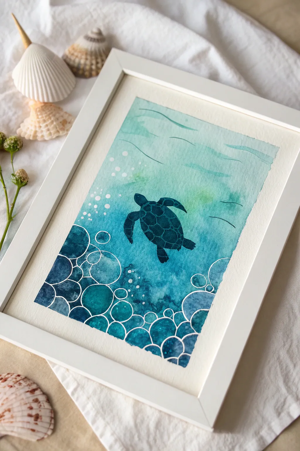Bubble-texture underwater painting with a bold sea turtle silhouette, clean and kid-friendly.