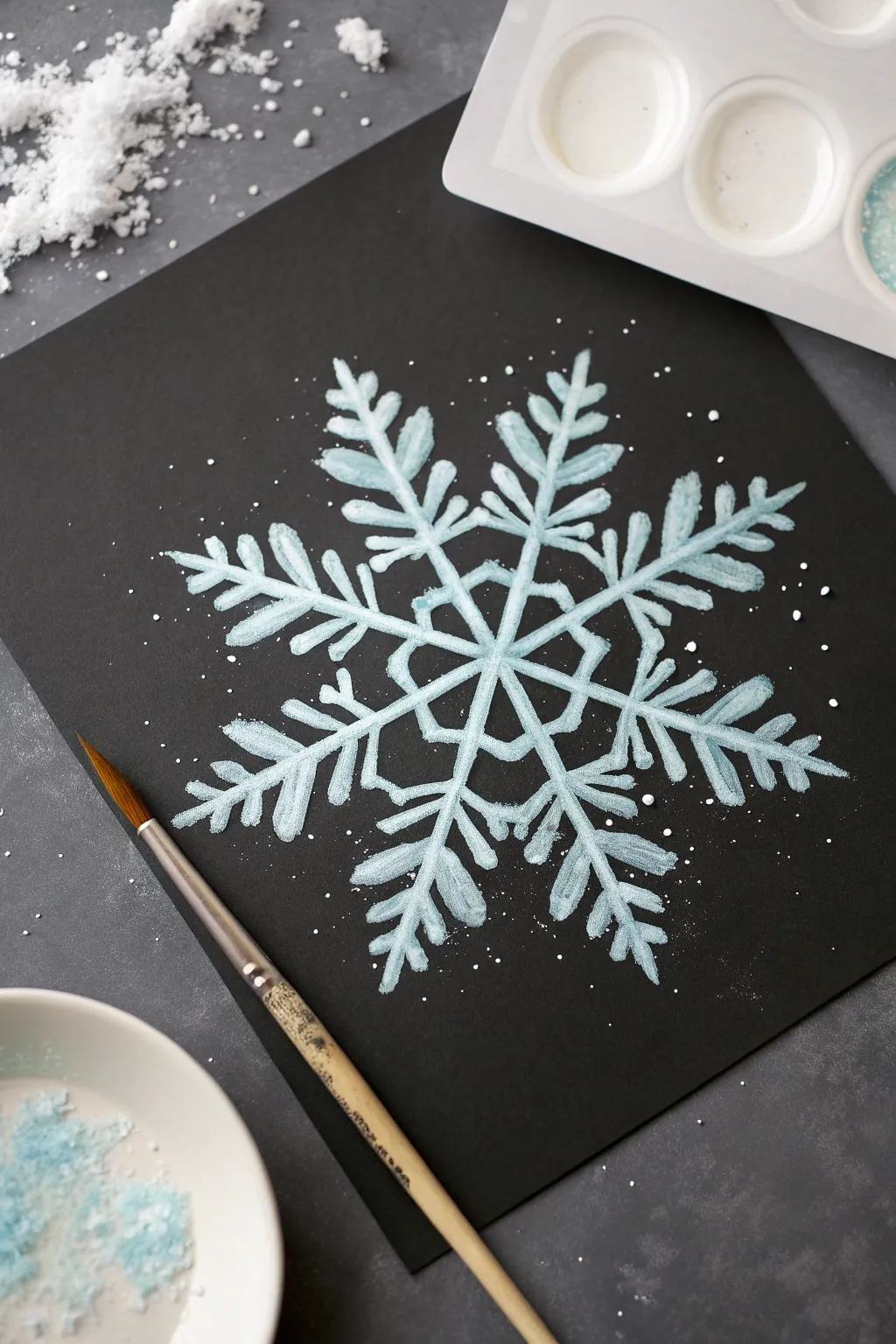 Minimalist snowflake painting on dark paper, perfect handmade Christmas gift inspiration.