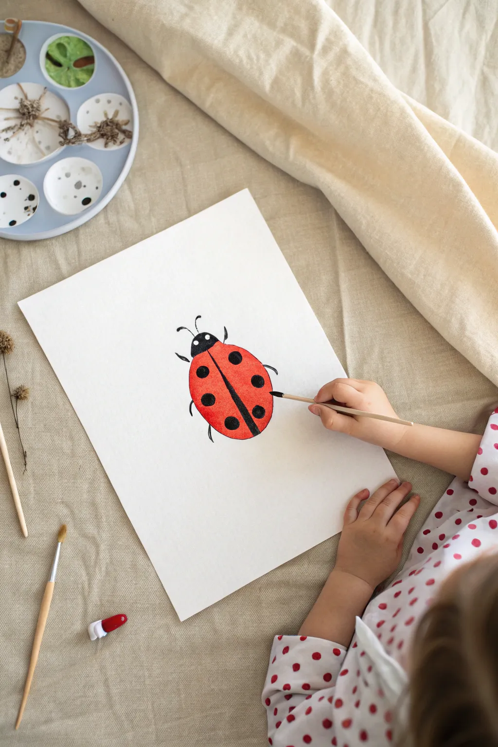 Q-tip dot painting made simple: a bright ladybug design with neat, satisfying paint dots
