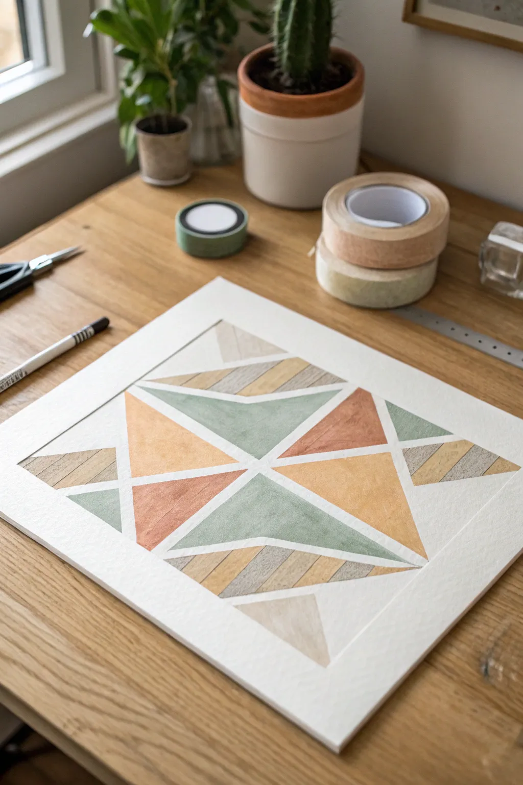 Crisp taped triangles and stripes with a clean masking tape border and a satisfying peel-back edge.