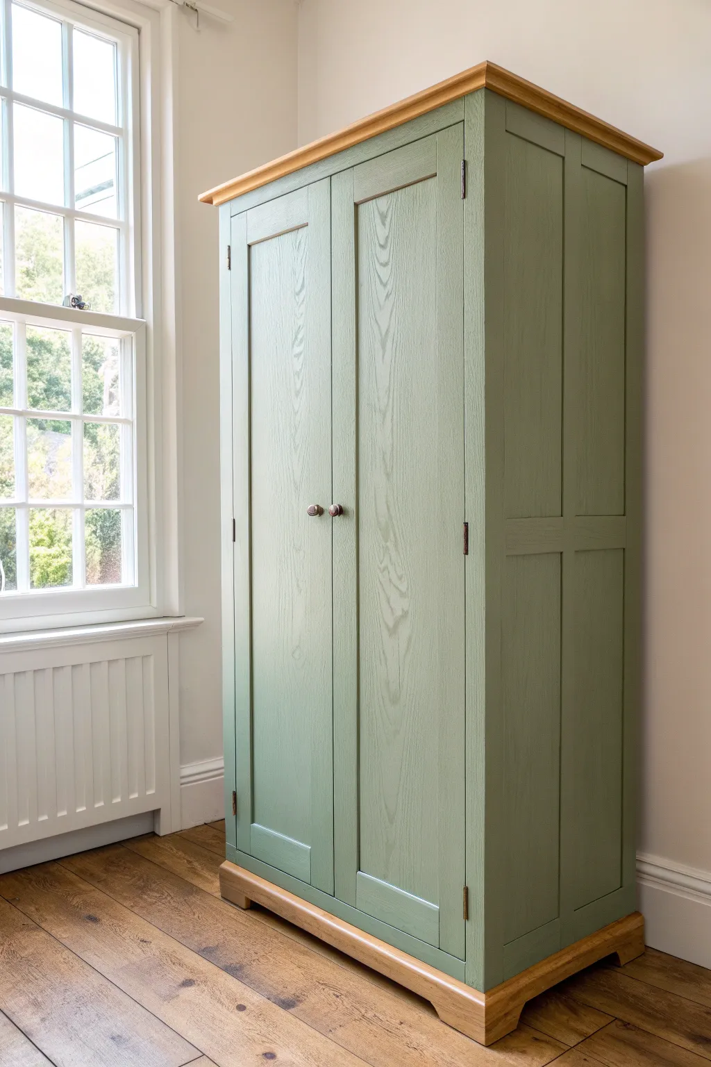 Painted body, natural wood trim: a calming wardrobe makeover with crisp Scandinavian contrast