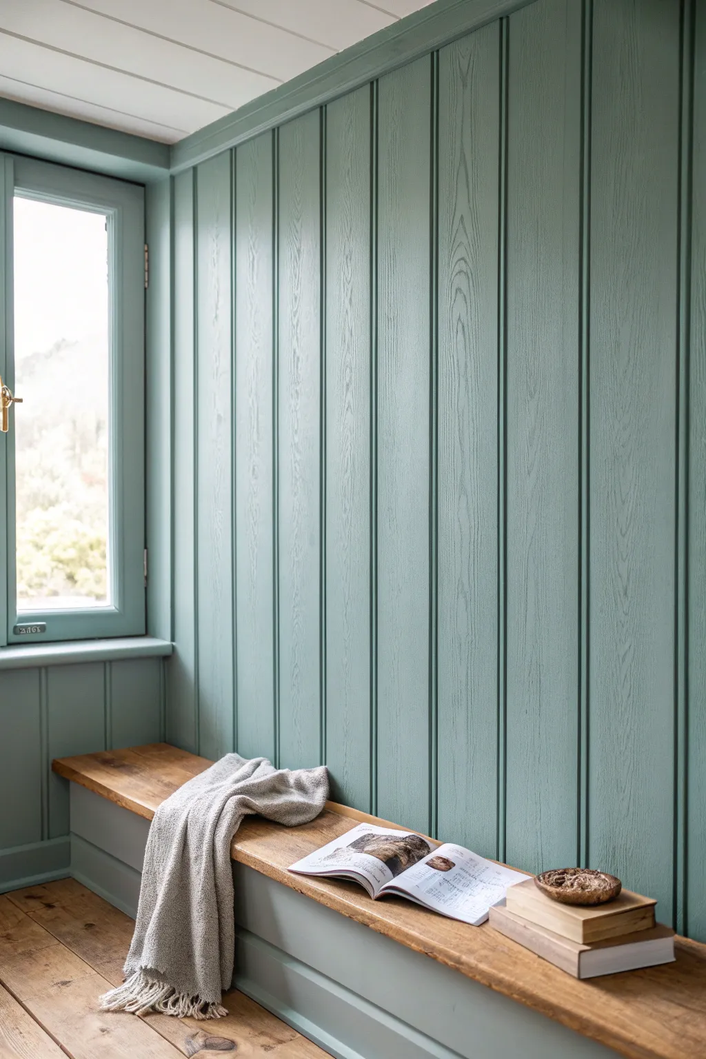 Dusty blue-green paneling adds calm cottage charm, perfect for a minimalist boho nook.