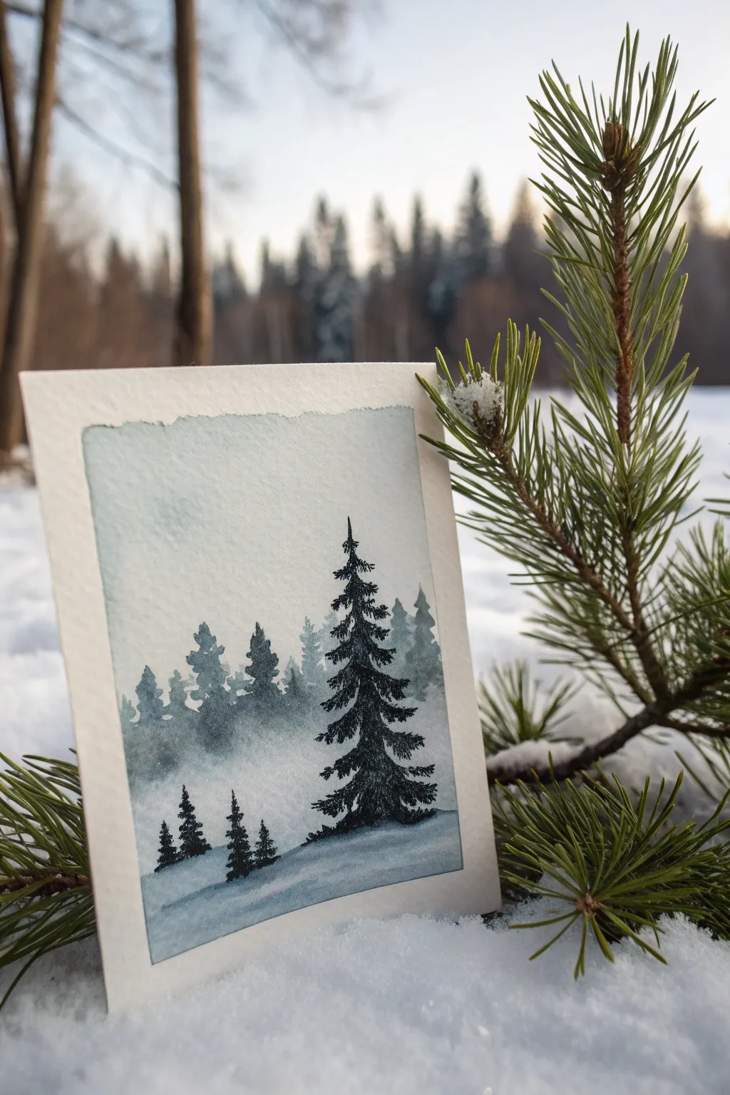 Minimal winter pine forest watercolor: dark evergreens and snowy branches in clean Scandi style