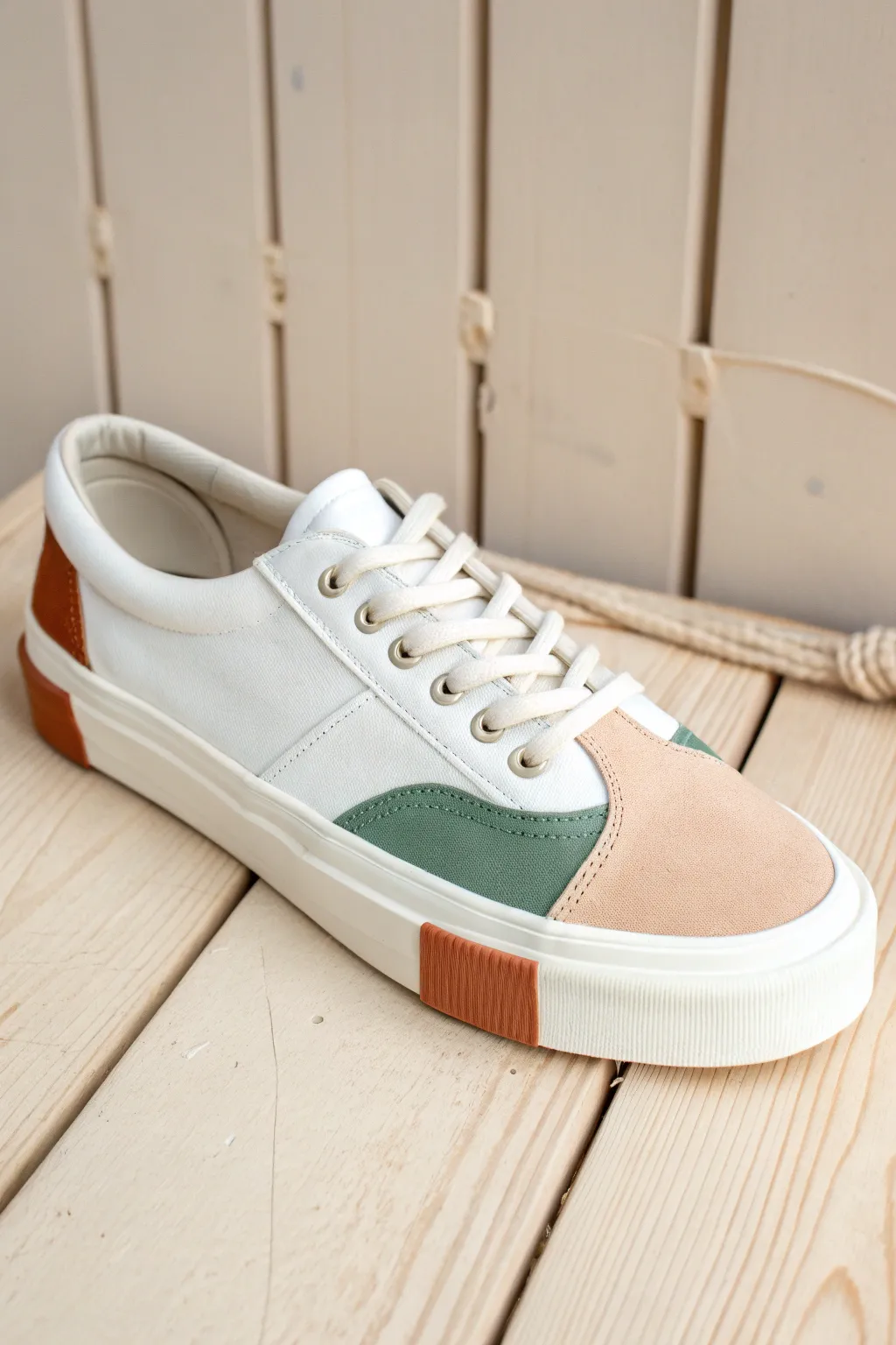 Minimalist color-blocked toe and heel sneaker idea with crisp tape lines and airy white space