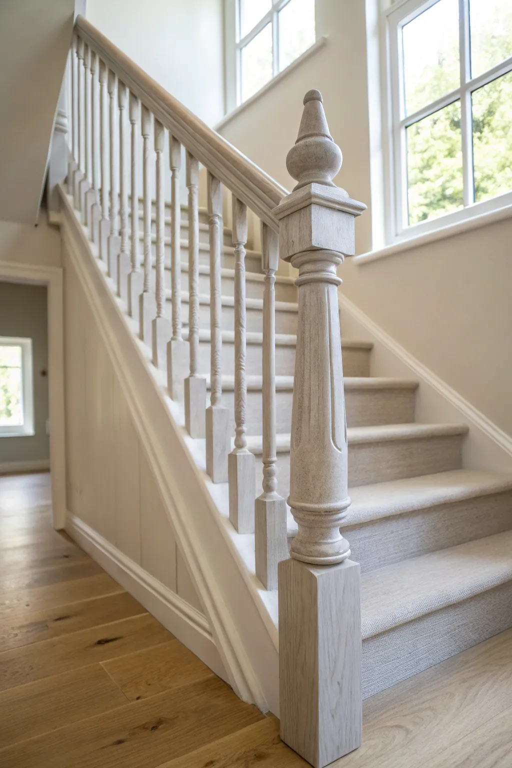 Soft greige spindles add cozy warmth and calm beside neutral walls and light oak floors.