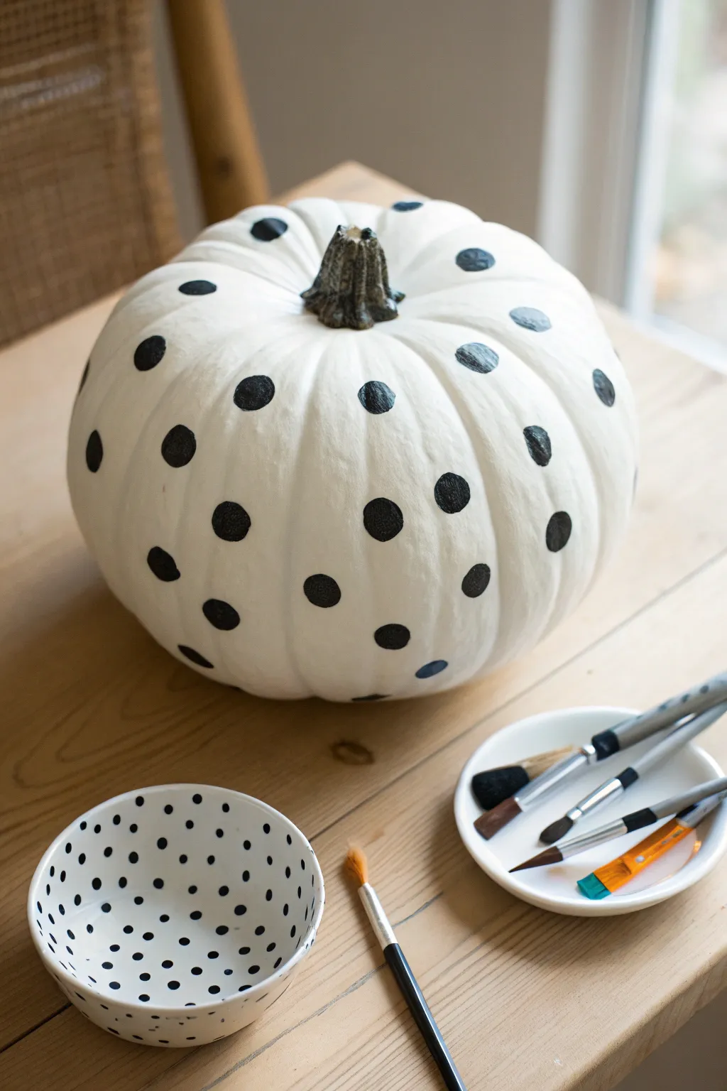 White pumpkin with black polka dots for an instant graphic pop, clean, modern, and easy