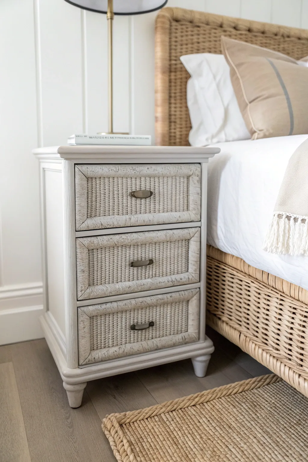 Greige-painted wicker nightstand for a quiet neutral update that lets the woven texture shine.
