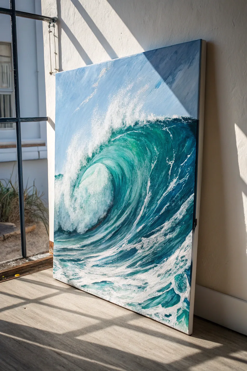 Palette knife wave study: layered blues and greens with bold foamy scrapes, clean Nordic-boho vibe.