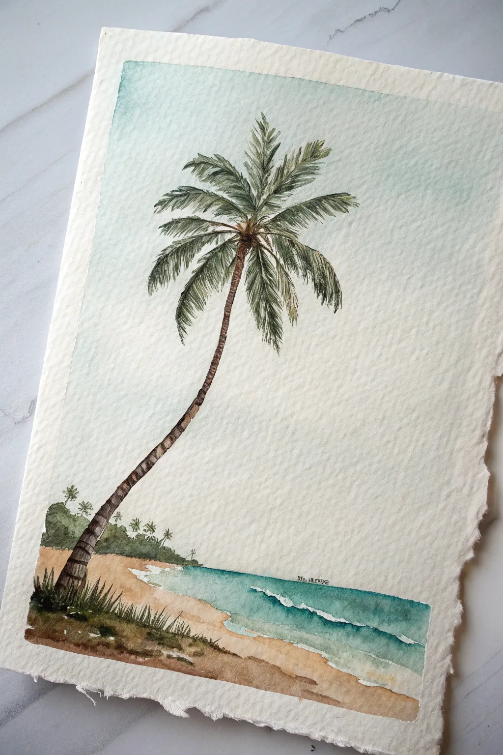 Lonely leaning palm with airy negative space and a whisper of shoreline, simple and serene.