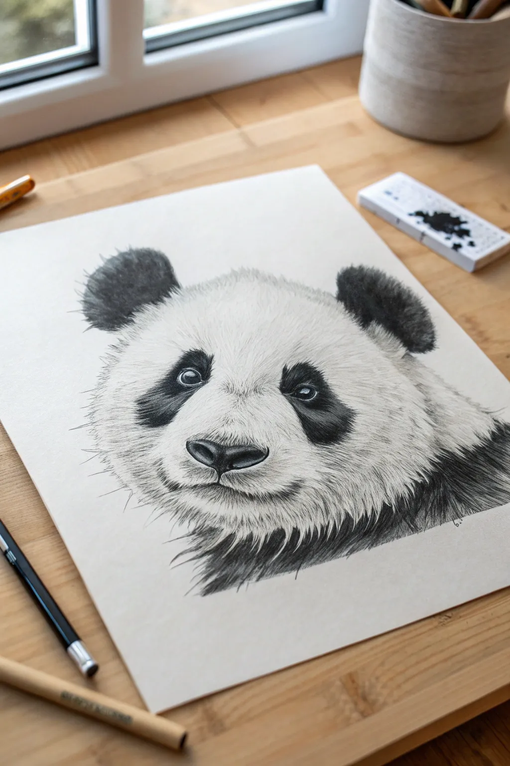 Calm black and white panda face study with soft shading and bold eye patches for beginners.