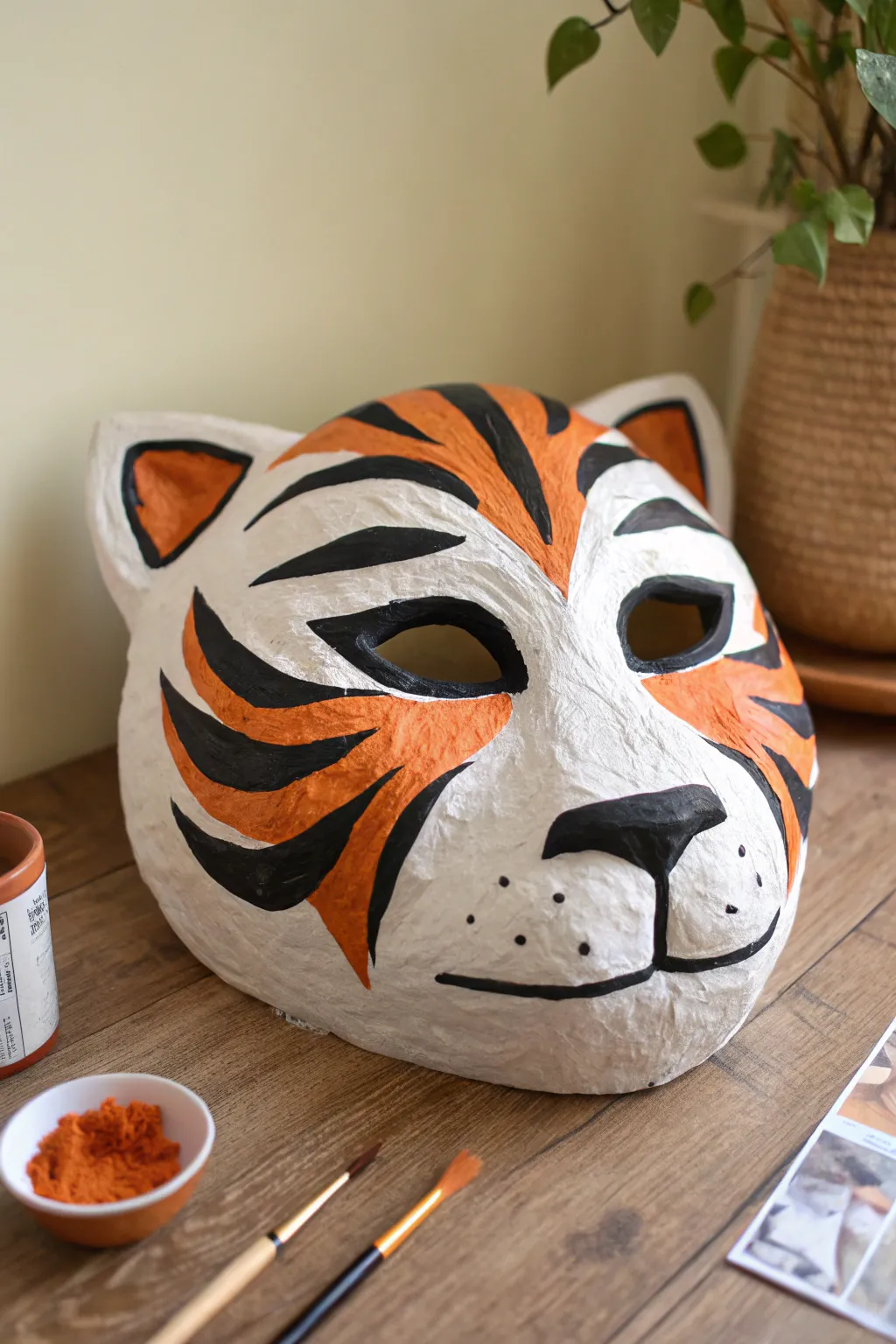 Bold striped paper mache tiger mask idea with visible texture and paint-ready surface