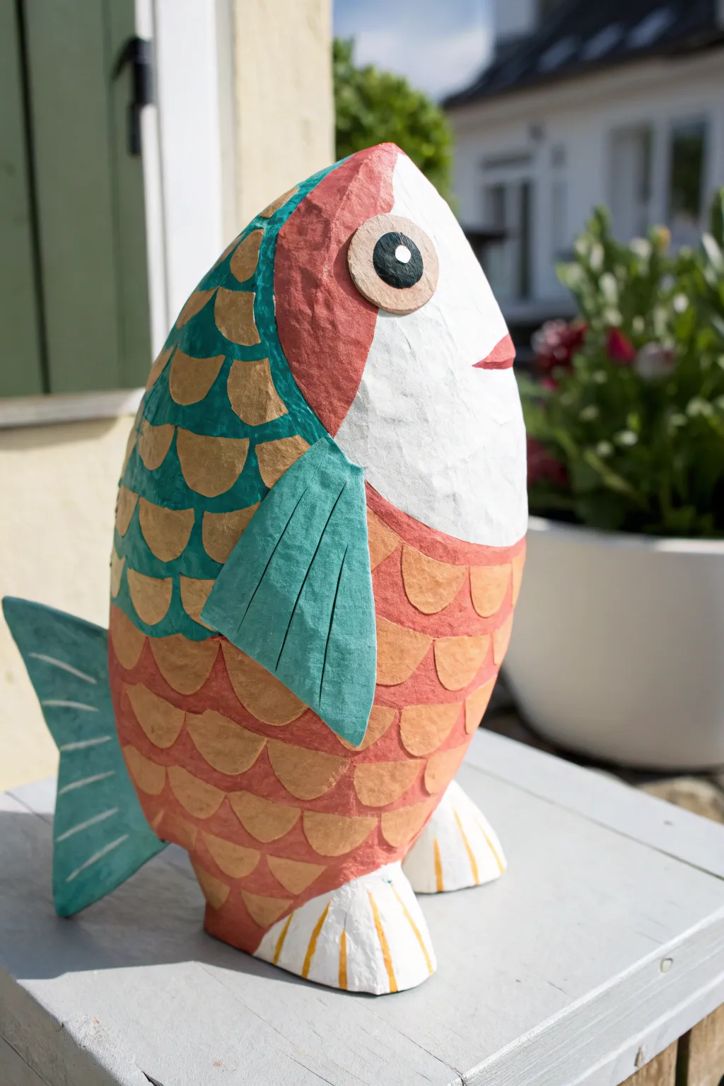 Whimsical paper mache fish with bold colors and simple scales, perfect for playful painting ideas.