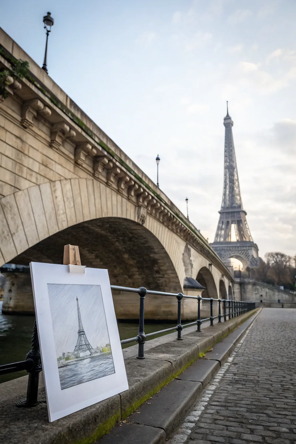 Minimal Paris bridge sketch with Eiffel Tower in the distance, soft sky wash and crisp lines.