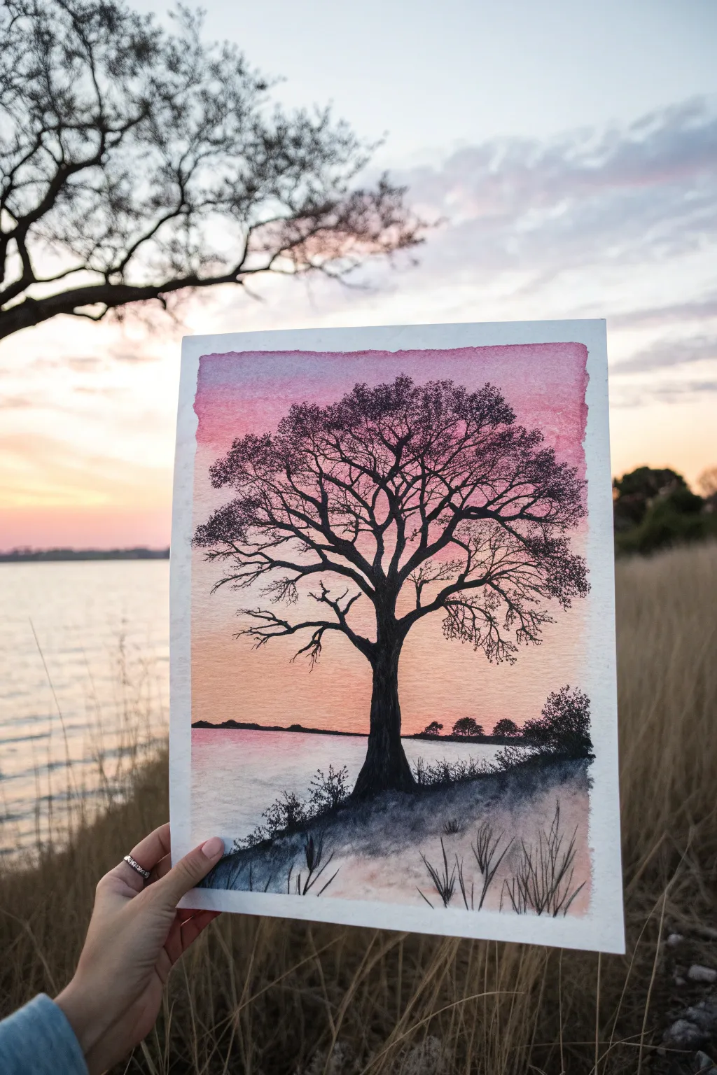 Bold tree silhouette over a blended pastel twilight sky for an easy, high-contrast coloring idea