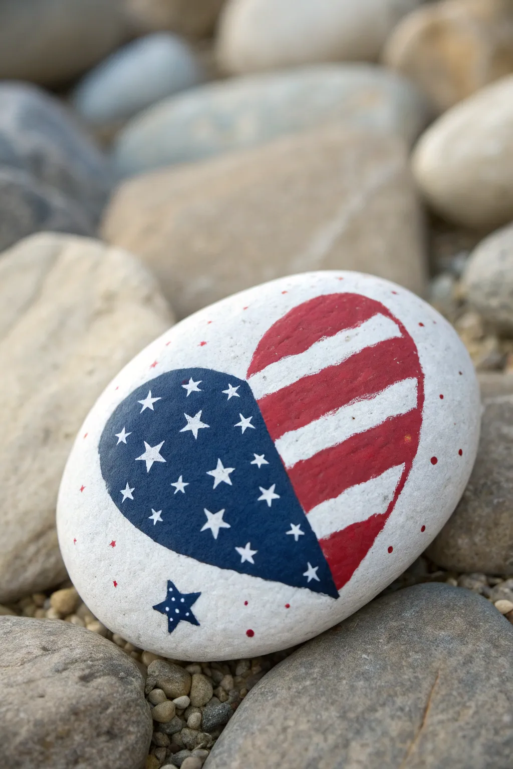 Star spangled heart rock with crisp navy stars and bold red stripes on a neutral backdrop