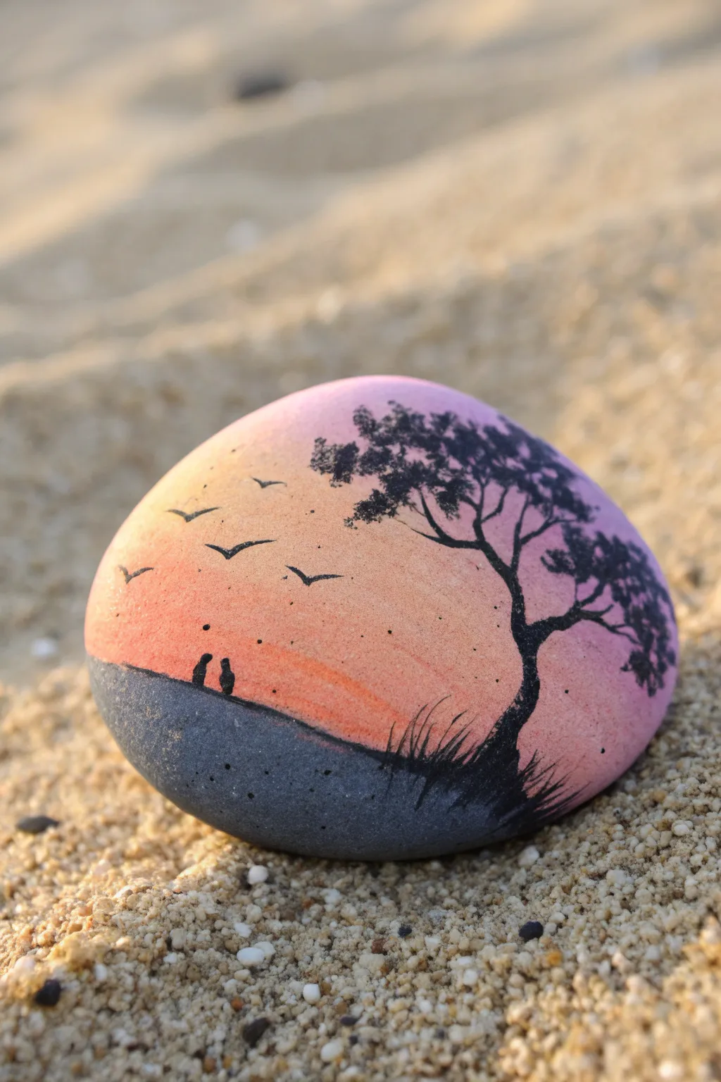 Paint a dreamy sunset silhouette on one smooth pebble for an easy, calming rock art moment.