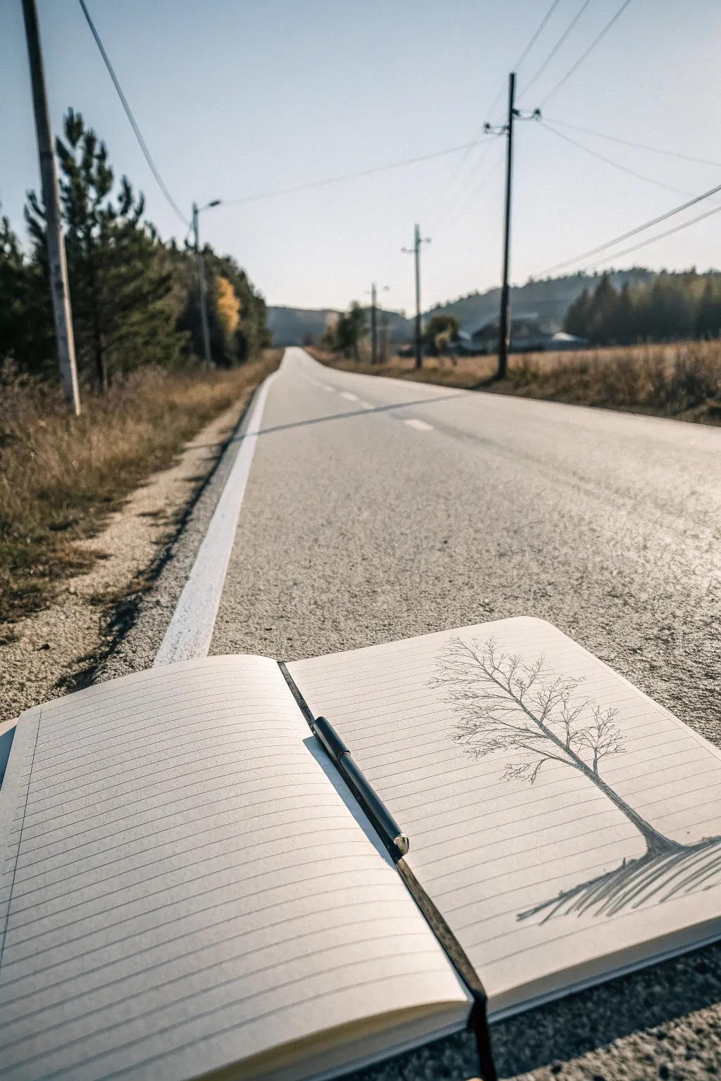 Crisp one-point perspective road sketch in ink with cross-hatched shadows, minimalist boho