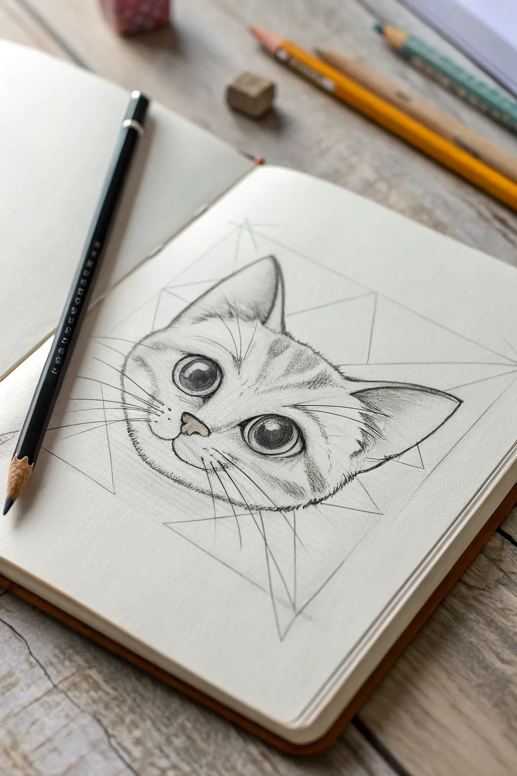 Cute pet portrait in simple shapes, with bold eyes and a tiny nose shine in graphite pencil