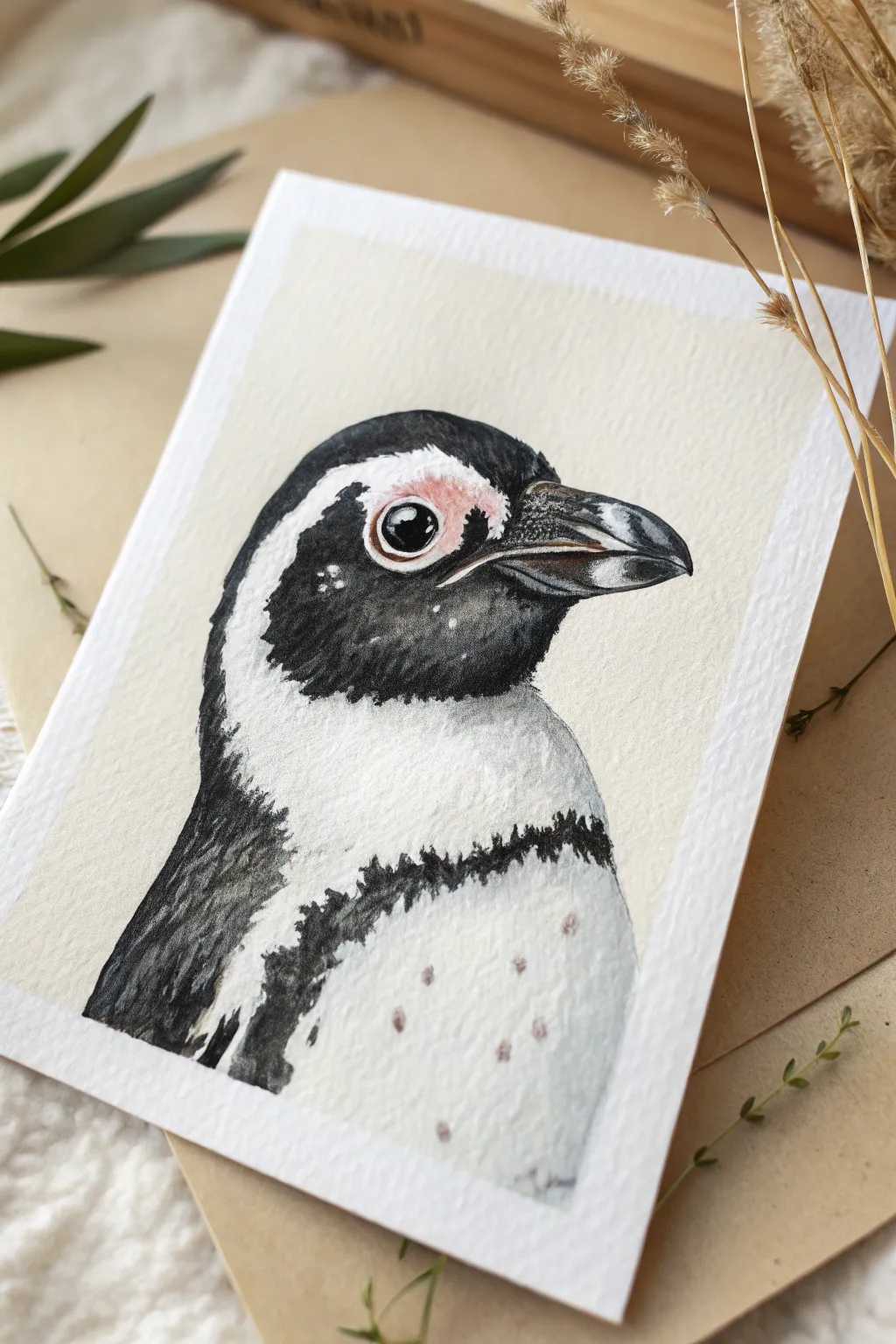 Paint an adorable penguin face close-up with big eyes, blush cheeks, and clean shapes.