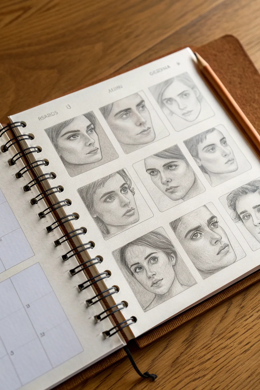 Clean sketchbook facial feature studies for calm, focused people drawing practice