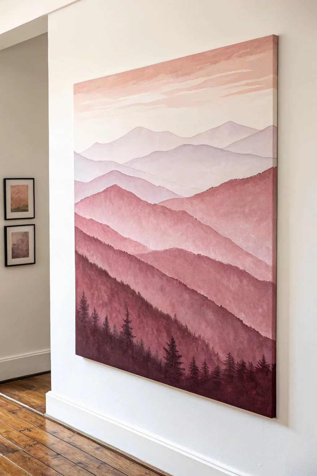 Minimal pink mountain layers with misty depth, Scandinavian-boho canvas inspiration.