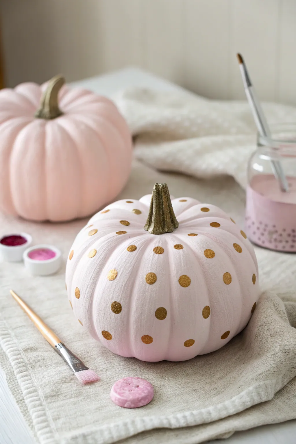 Chic polka dot pink pumpkin still life with linen texture and soft Scandinavian studio light