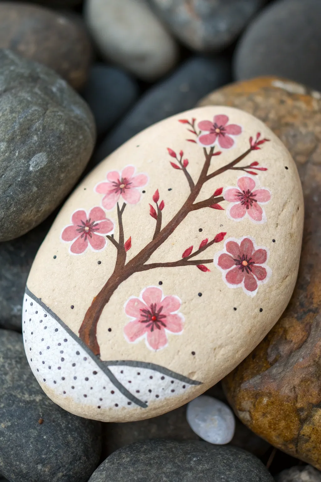 Soft pink cherry blossom branch rock painting with simple dots, minimal and calming boho style.
