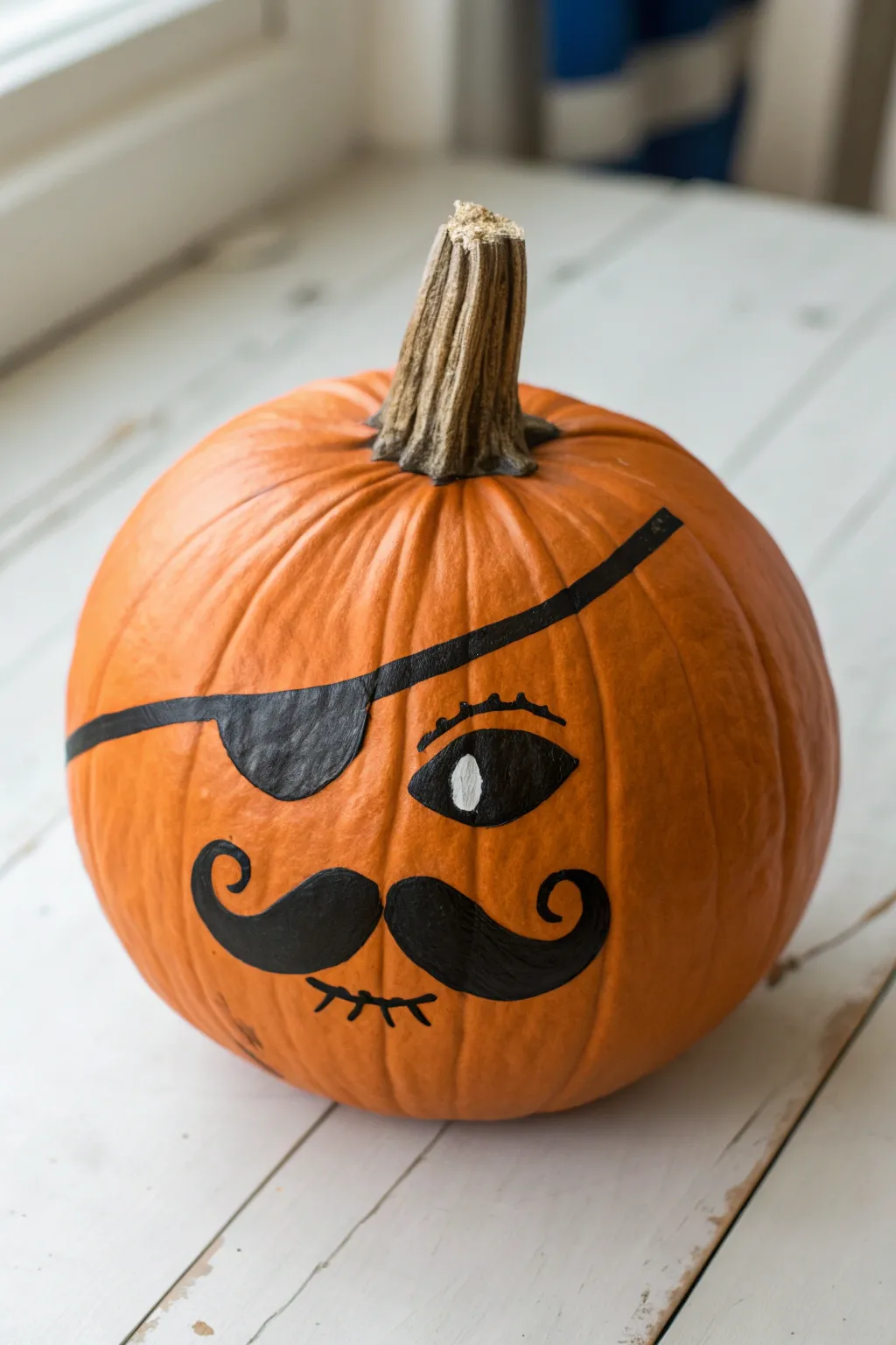 Minimal pirate pumpkin with bold handlebar mustache and goatee for an easy fall painting idea