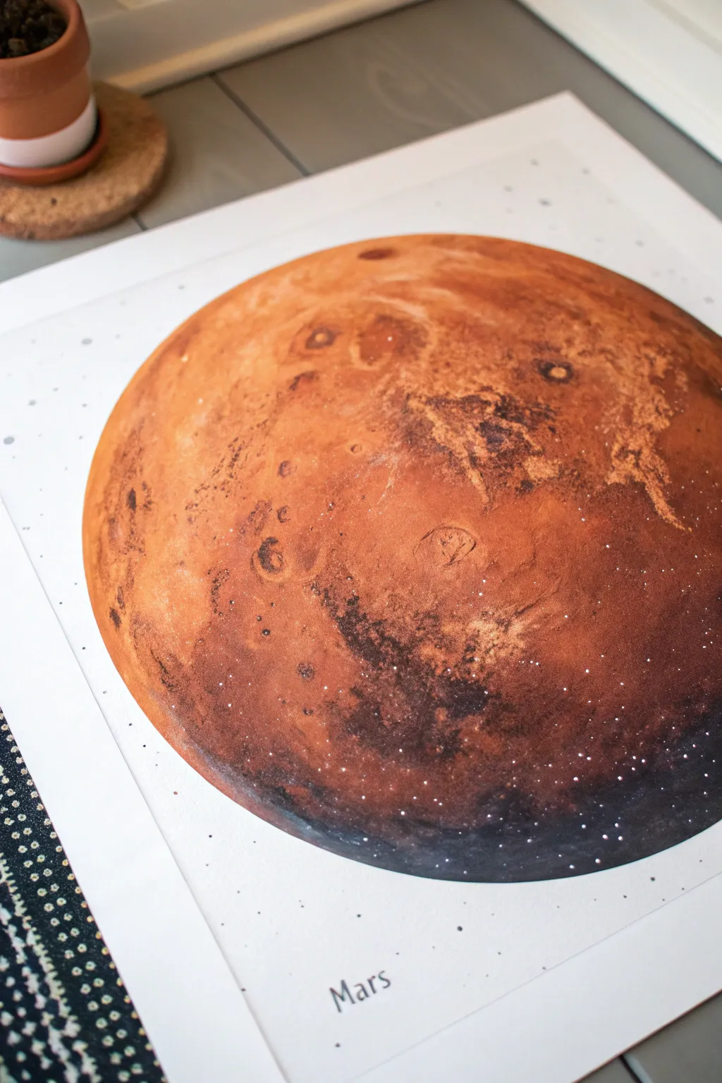 Rusty Mars texture study with sponged reds, dusty shadows, and a soft sunlit glow in space