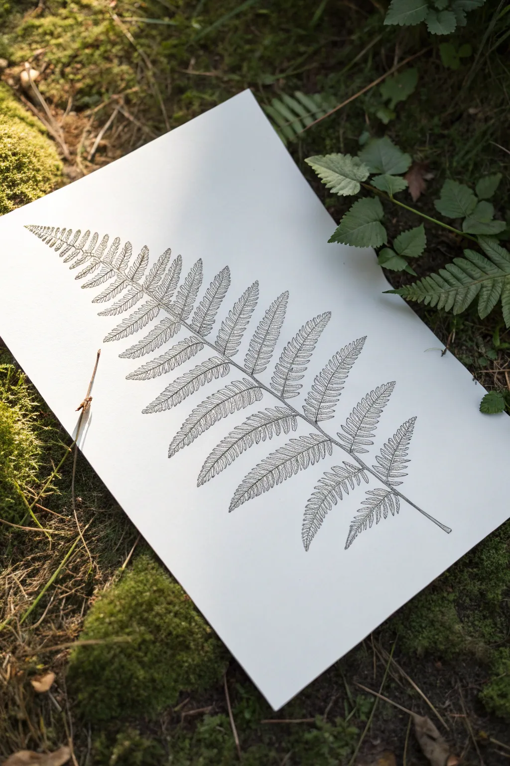 Minimal fern frond repeat-pattern sketch with soft pencil texture and crisp ink contrast