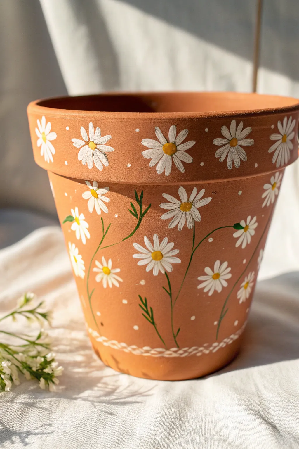 Terracotta pot with sweet daisy scatter and tiny sprigs, crisp contrast in soft daylight