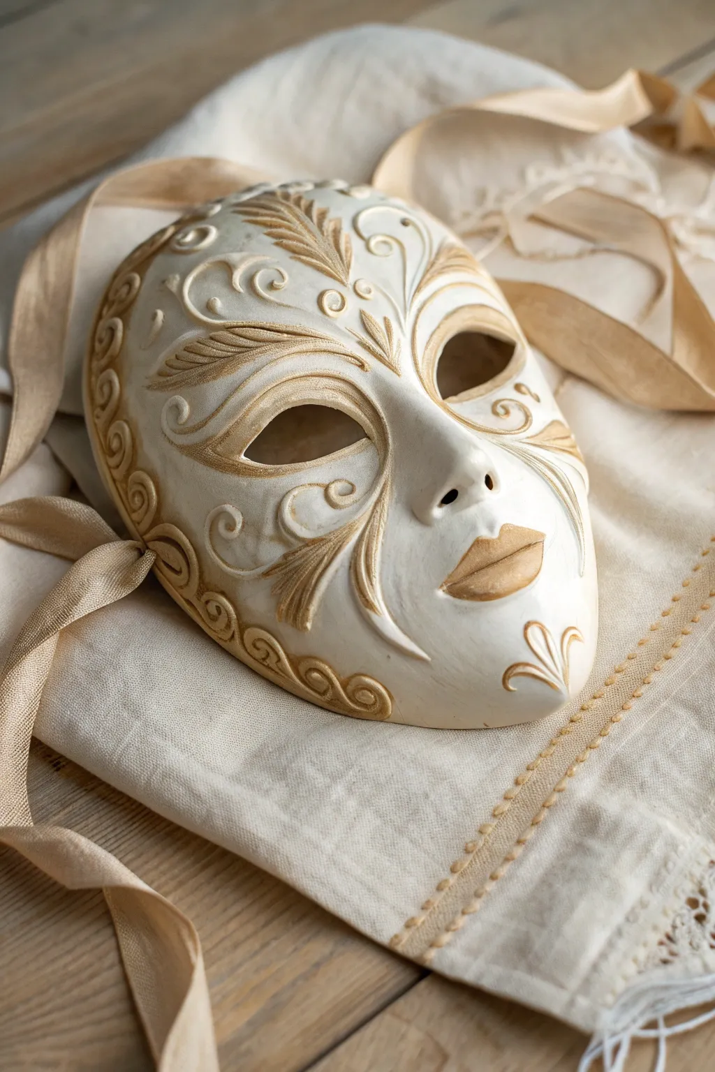 Venetian plaster mask with delicate scrollwork and satin ribbon in warm window light