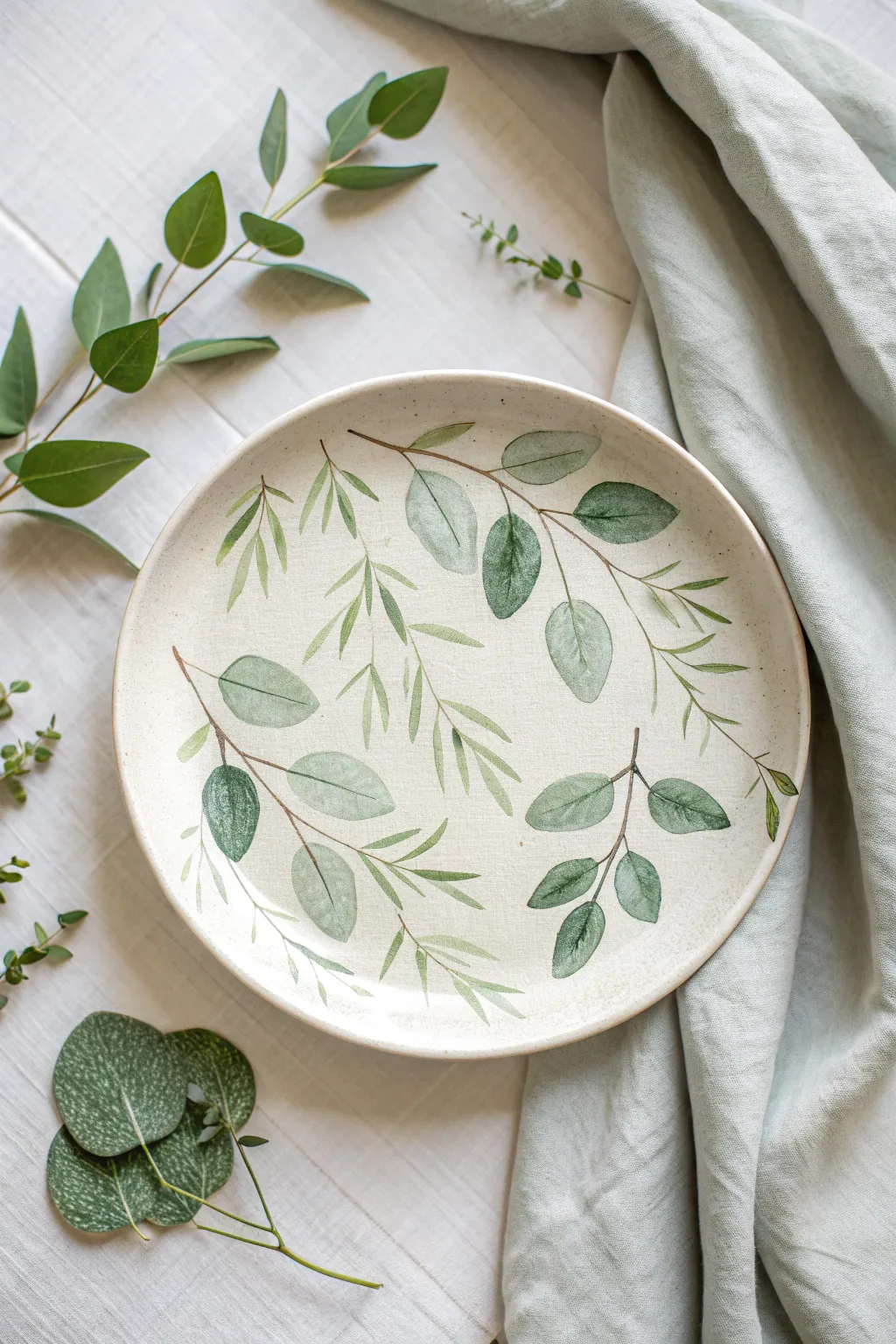 Minimalist plate painting idea: soft green hand-drawn leaf sprigs with a real leaf reference.