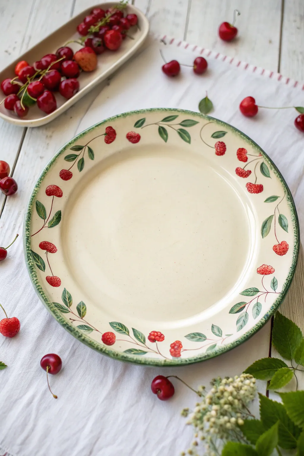 Cherry and berry scatter platter rim painting idea with a clean center and minimal cozy styling