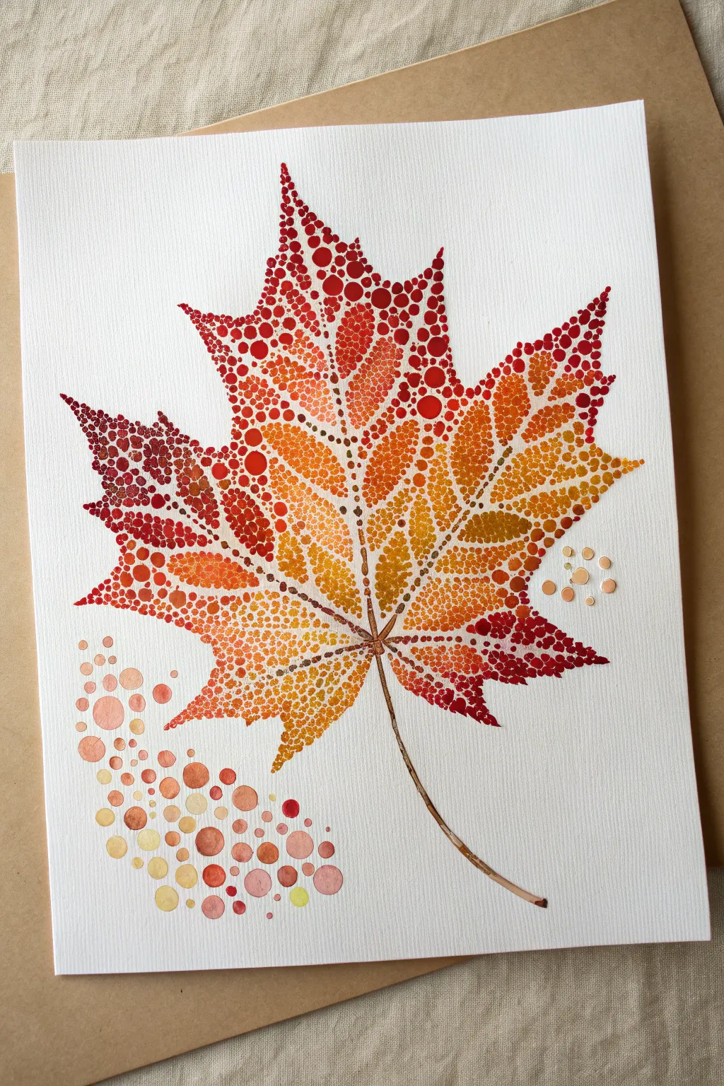 Warm pointillism leaf study with overlapping dots for soft autumn color blending