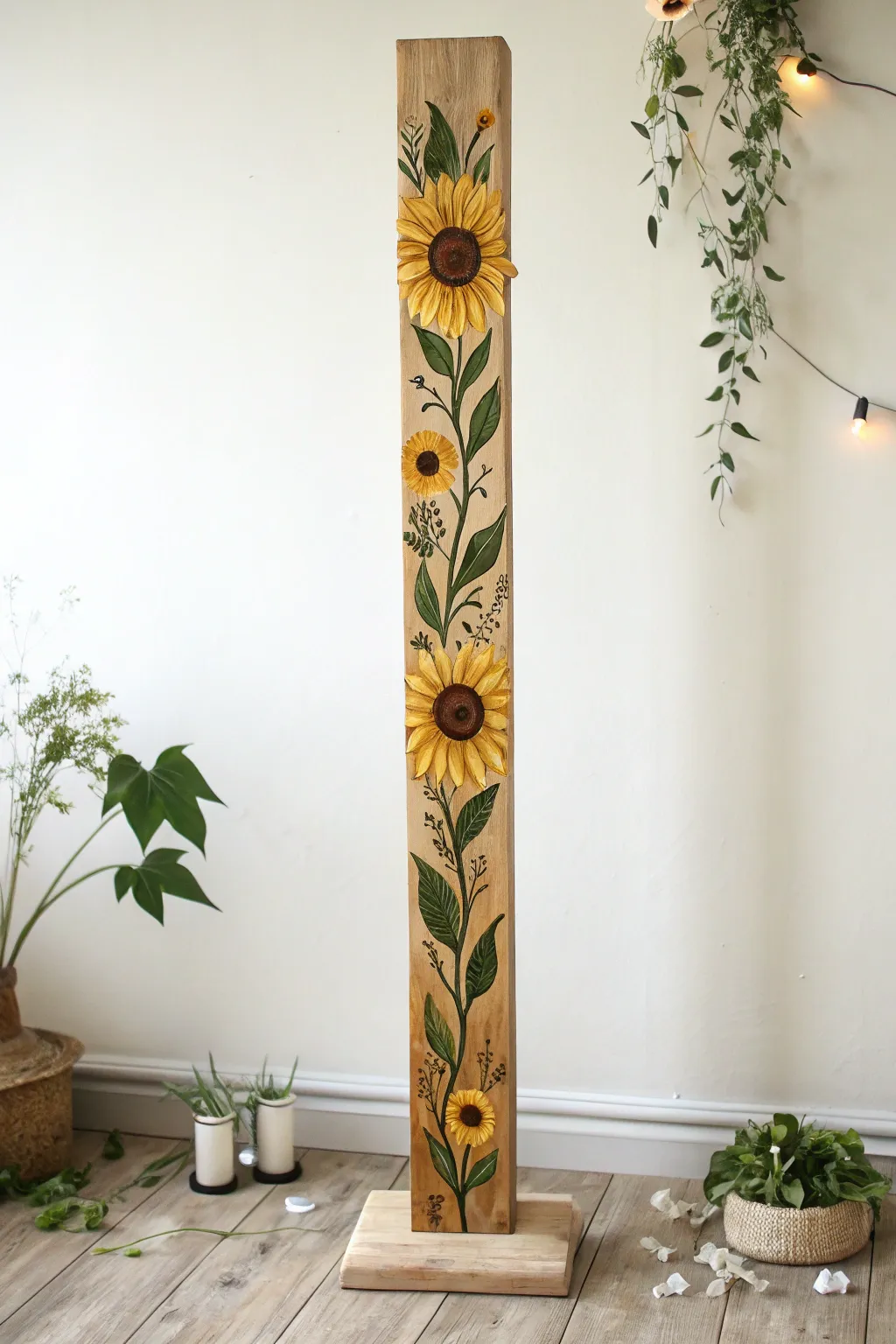 Stack sunflowers up a simple pole for a sunny vertical accent that feels clean and handmade.