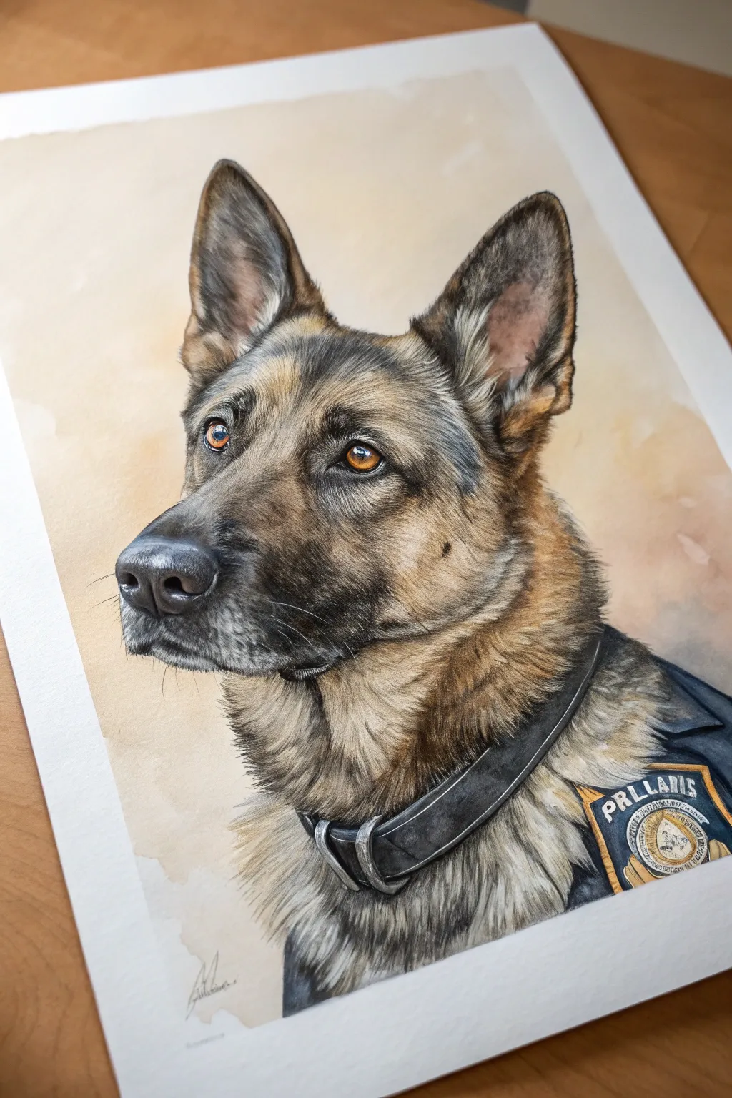 Paint a calm K-9 partner portrait with soft minimal tones and crisp fur texture focus.
