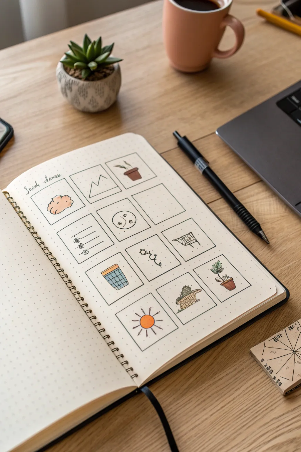 Calming gratitude doodle grid: clean icons, cozy details, and minimalist Scandinavian boho style.