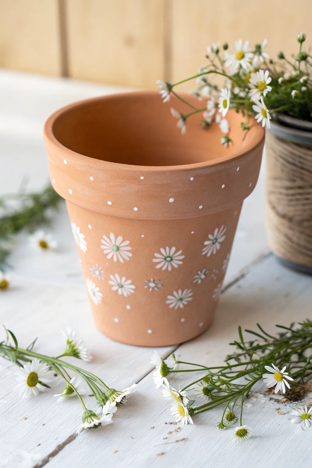 Tiny wildflower scatter on a terracotta pot, minimal, handmade, and garden-soft.