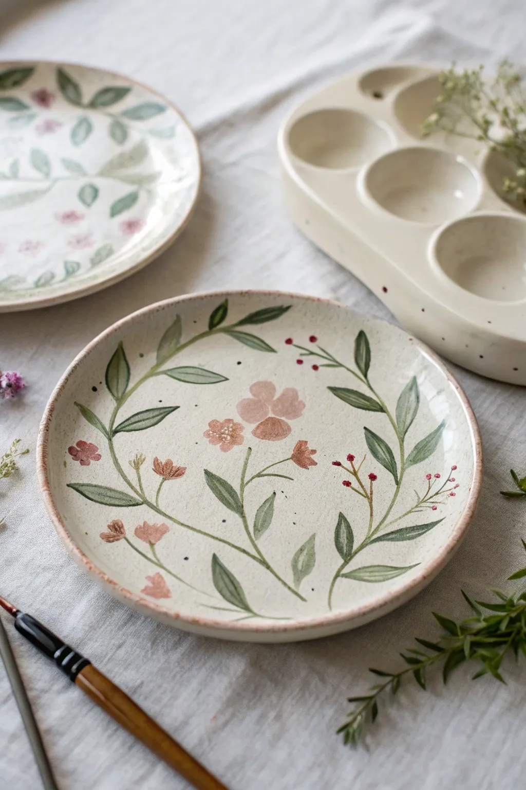 Classic floral sprigs on pottery for a calm Scandinavian look, soft greens and blush tones.