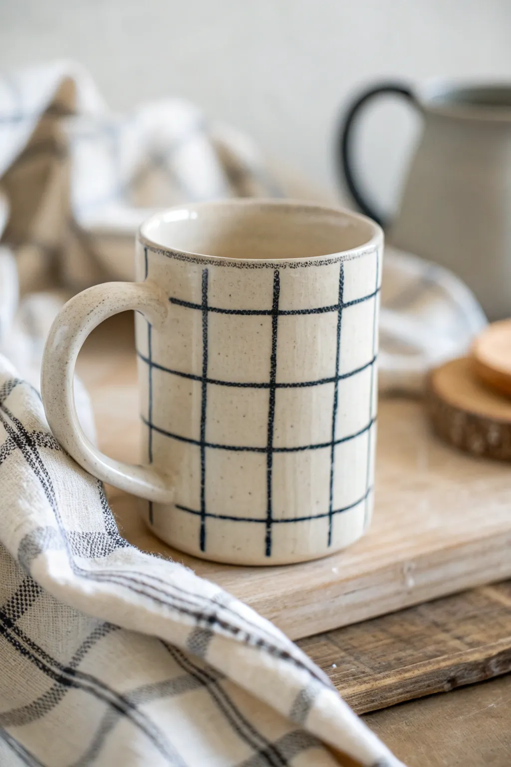 Gingham checkerboard mug painting idea with crisp grid lines, cozy cottage, minimalist styling.