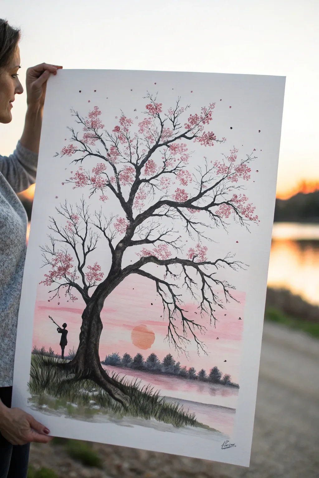 Minimalist cherry blossom silhouette against a dreamy sunset wash, romantic and easy to paint