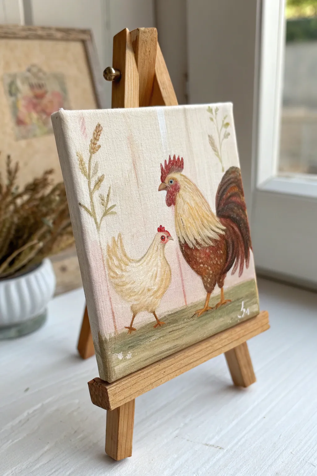 Primitive hen and rooster couple in simple shapes, cozy folk charm, and warm Scandinavian-boho tones