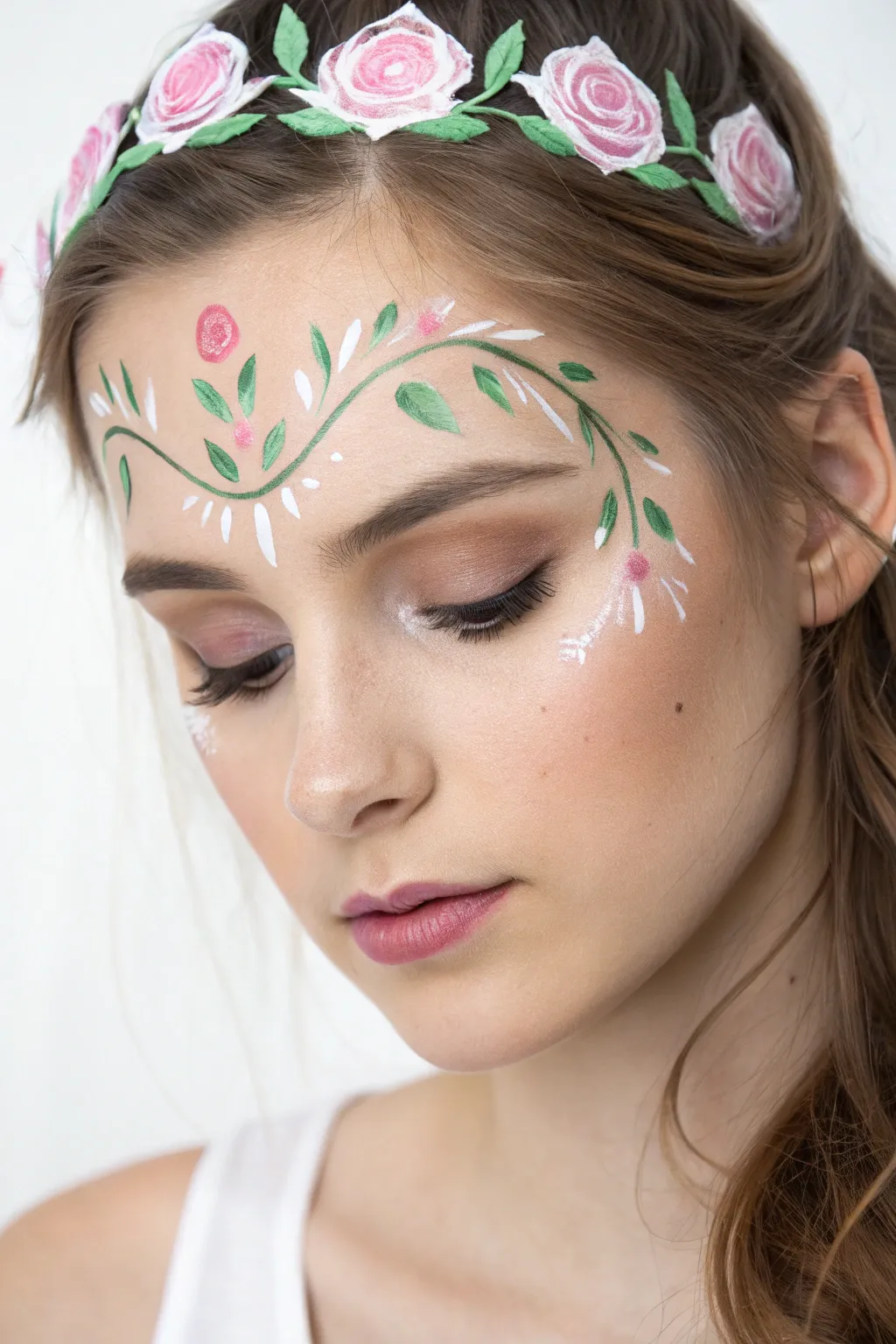 Rose garden princess tiara face paint with pastel petals, leafy strokes, and bright white highlights