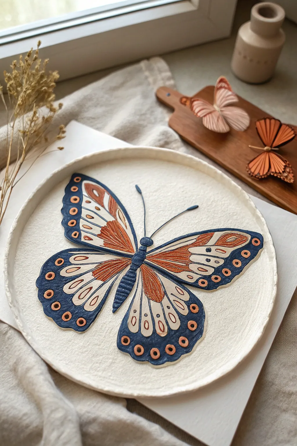Raised puffy paint butterfly wings in indigo and terracotta for a clean boho minimalist look