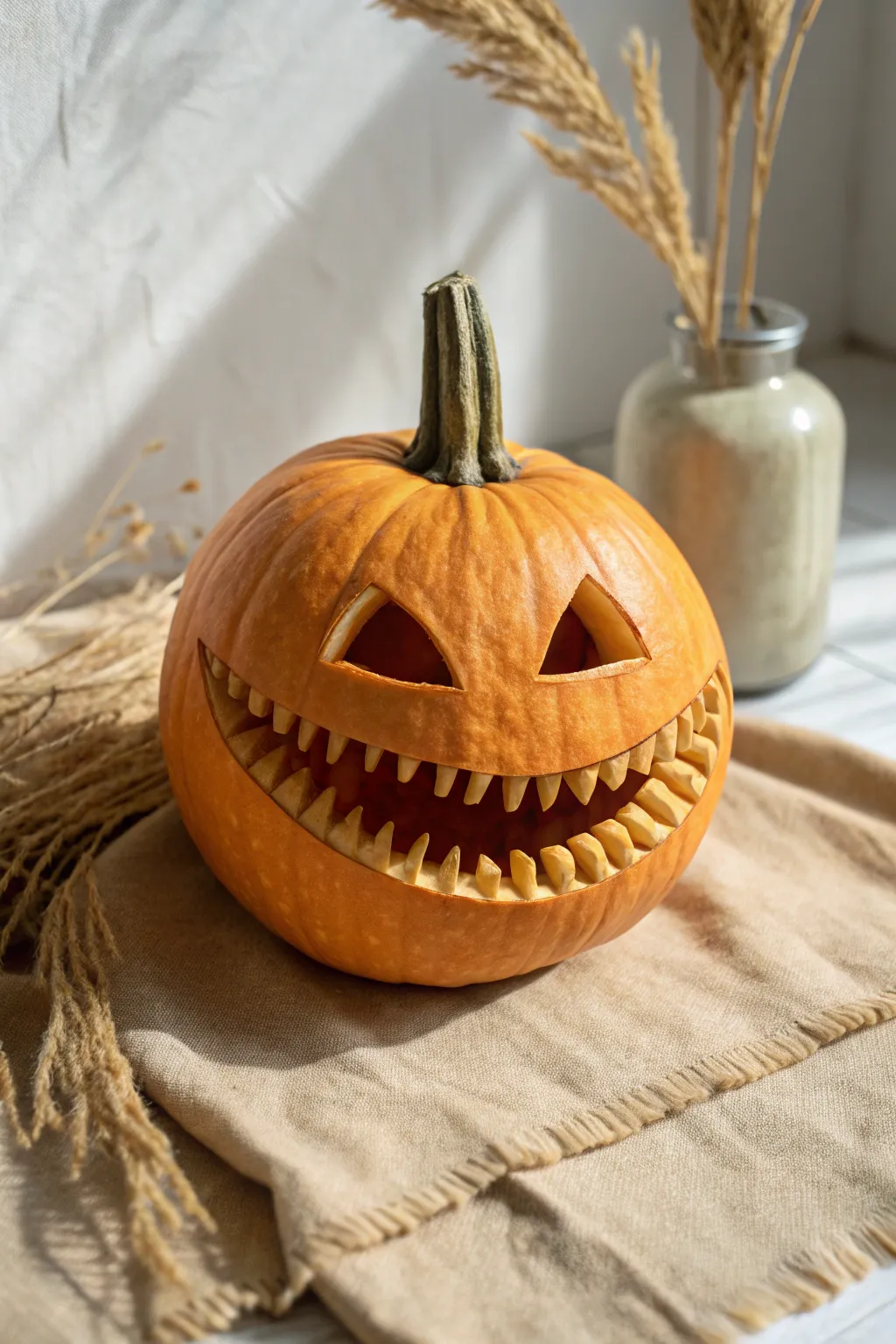 Minimal stitched-mouth pumpkin carving, clean cuts and soft natural light for a cozy Nordic mood.