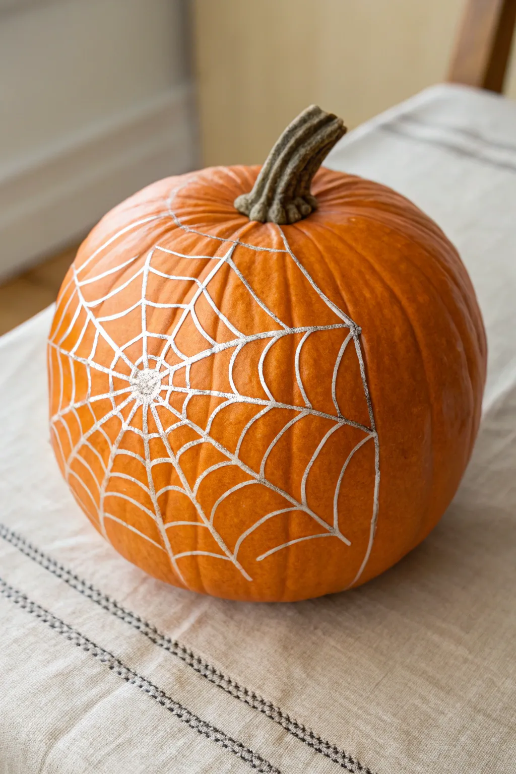 Crisp corner spiderweb pumpkin with pearly silver lines for a minimalist Halloween wow