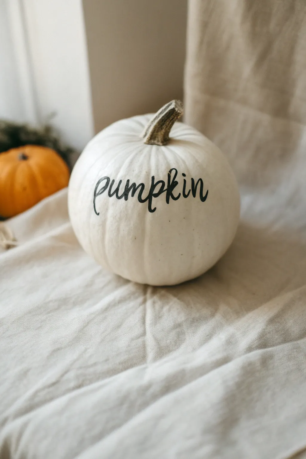 Minimalist matte white pumpkin with elegant hand-lettered calligraphy, Scandinavian boho mood